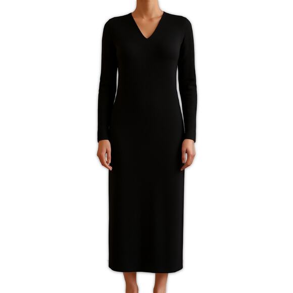 CULLEN Merino Wool Maxi Dress Black V Neck Long Sleeve Medium Minimalist - Picture 1 of 10